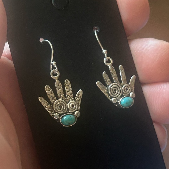 STERLING SILVER NATIVE INSPIRED TURQUOISE ANCESTOR HAND STORY TELLER EARRINGS - Picture 6 of 7